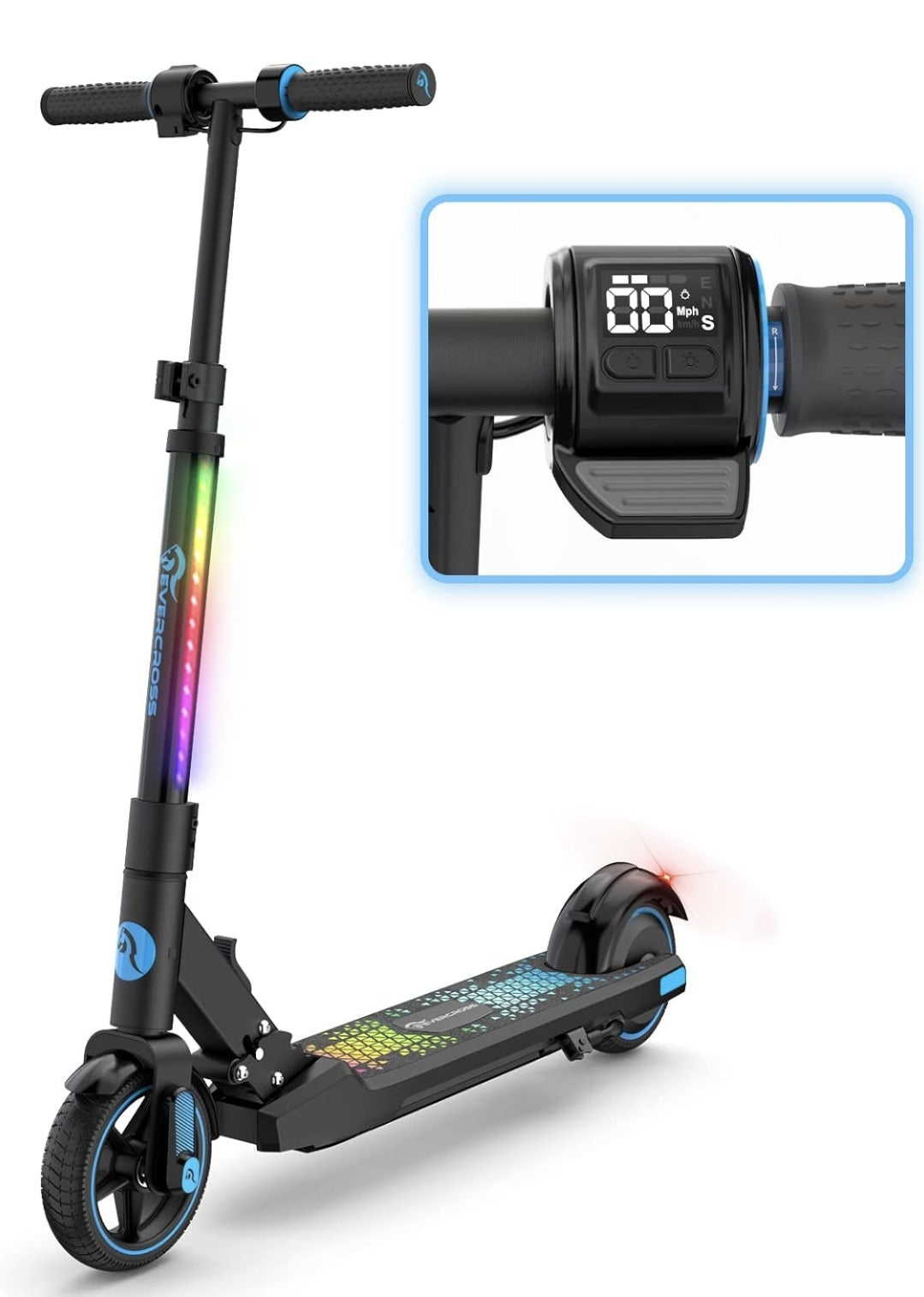 EVERCROSS EV06C Electric Scooter, 6.5''Scooter for Kids Ages 6-12, Up to 15 KM/H & 8 KM, LED Display, Colorful LED Lights, Lightweight Kids E Scooter
