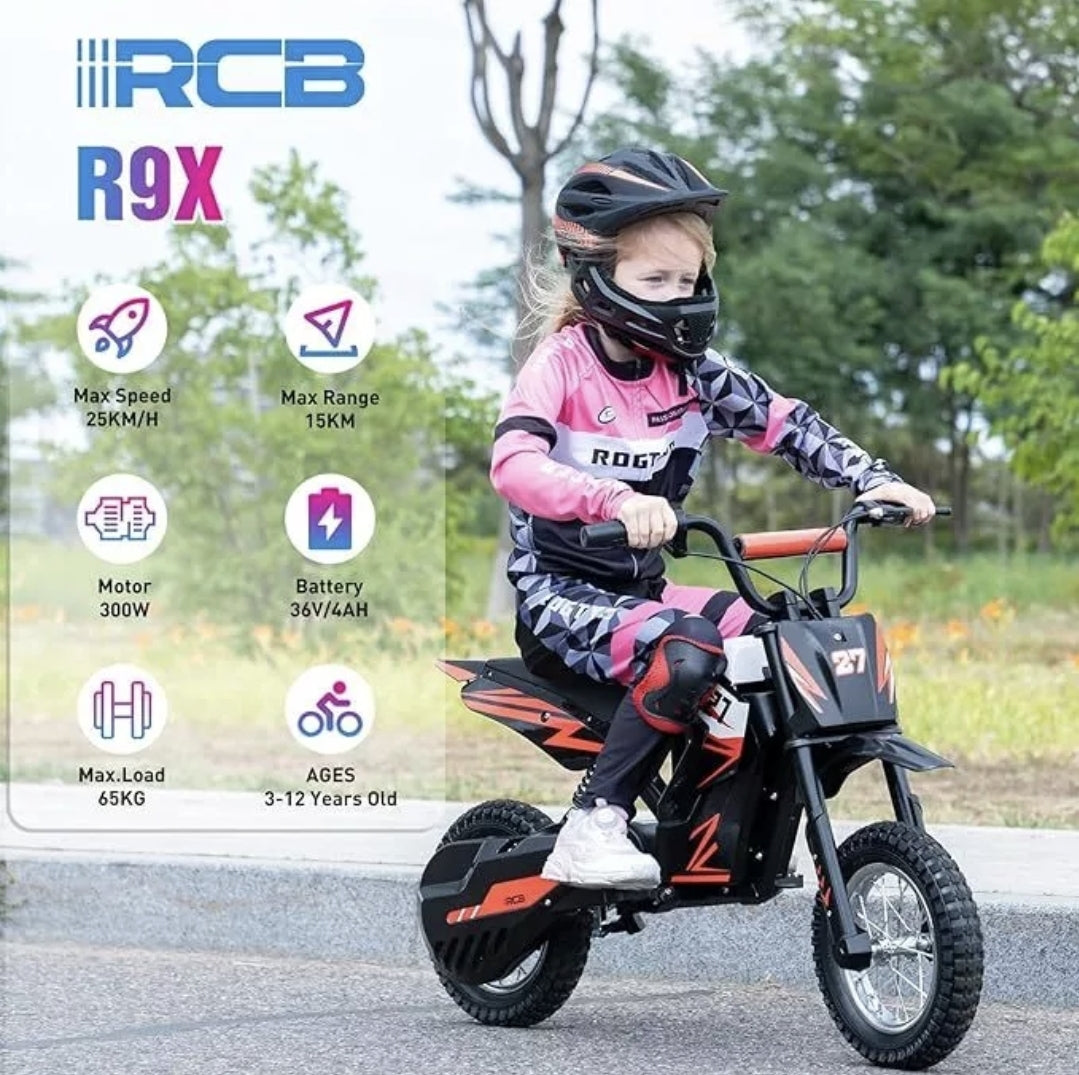 R9X RCB Kids Electric Motorcycle, electric motorblike with powerful motor, 5/7.5/15.5 MPH Speed Modos, Range 9.3Miles, 12 inch pneumatic tires, Electric bikes for kids age 3-12