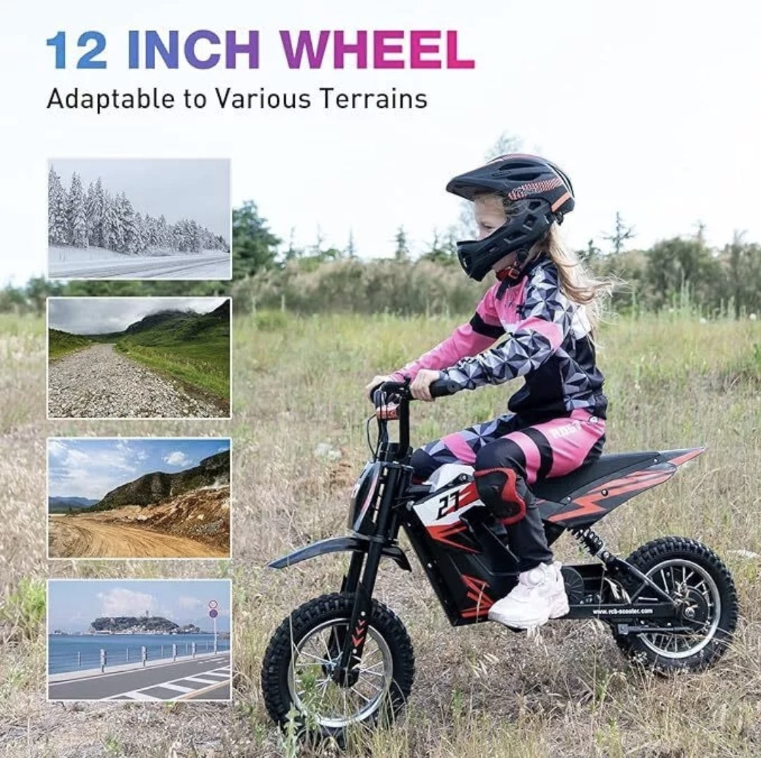 R9X RCB Kids Electric Motorcycle, electric motorblike with powerful motor, 5/7.5/15.5 MPH Speed Modos, Range 9.3Miles, 12 inch pneumatic tires, Electric bikes for kids age 3-12