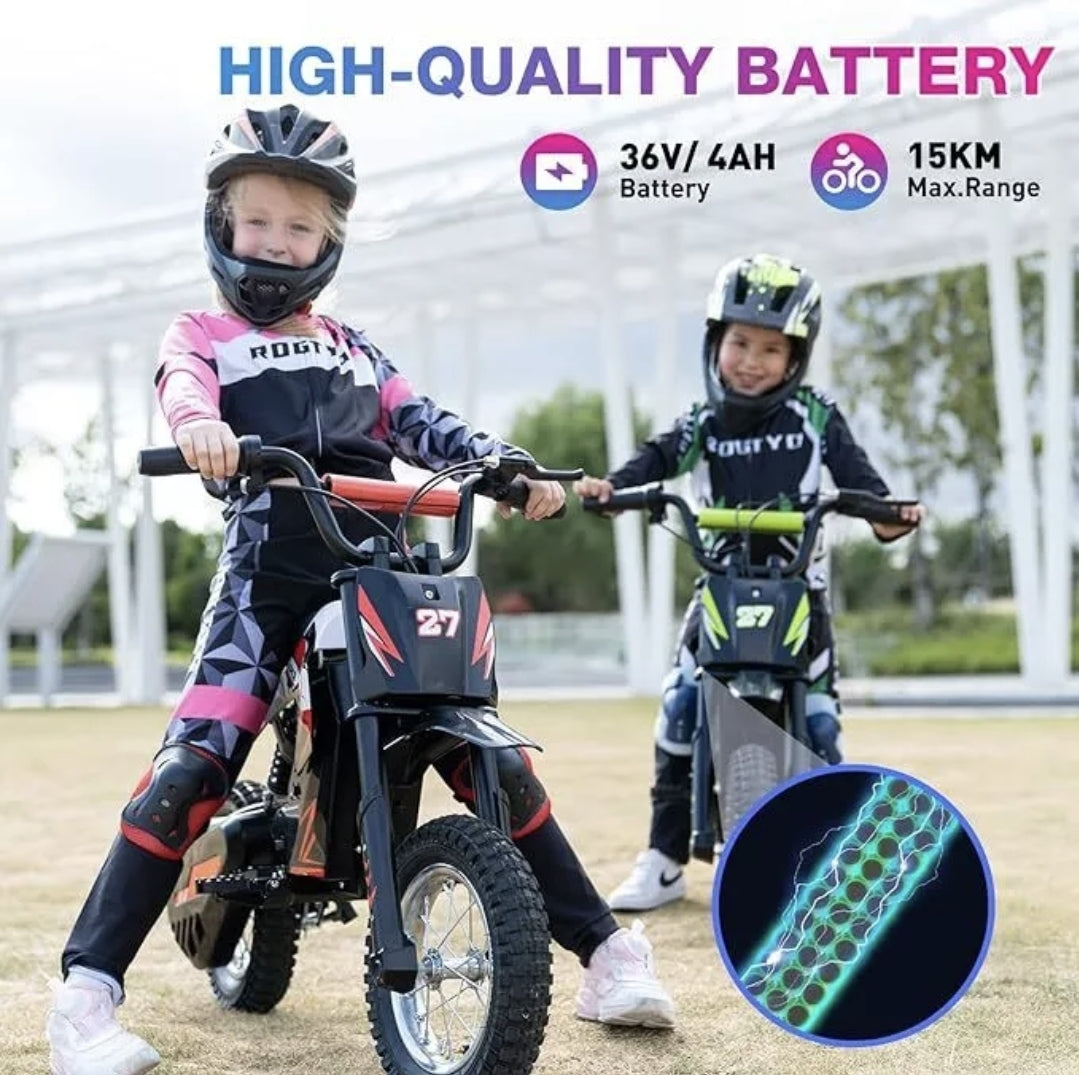 R9X RCB Kids Electric Motorcycle, electric motorblike with powerful motor, 5/7.5/15.5 MPH Speed Modos, Range 9.3Miles, 12 inch pneumatic tires, Electric bikes for kids age 3-12