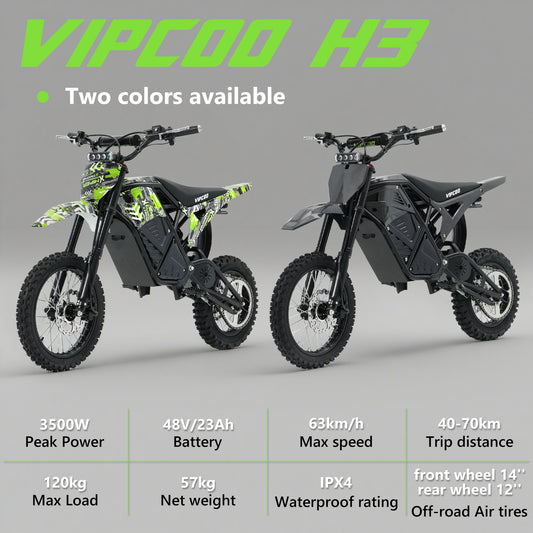 NEW 2025 MODEL VIPCOO H3 3500W 48v 23AH Range 40-70km Off Road Electric Dirt Bike